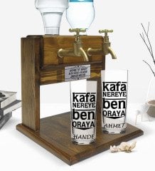 Kişiye Özel Renkli Baskılı Kafa Nereye Ben Oraya Tasarımlı İkili Rakı Bardağı ve Çift Musluklu Doğal Ahşap Rakı Standı-1