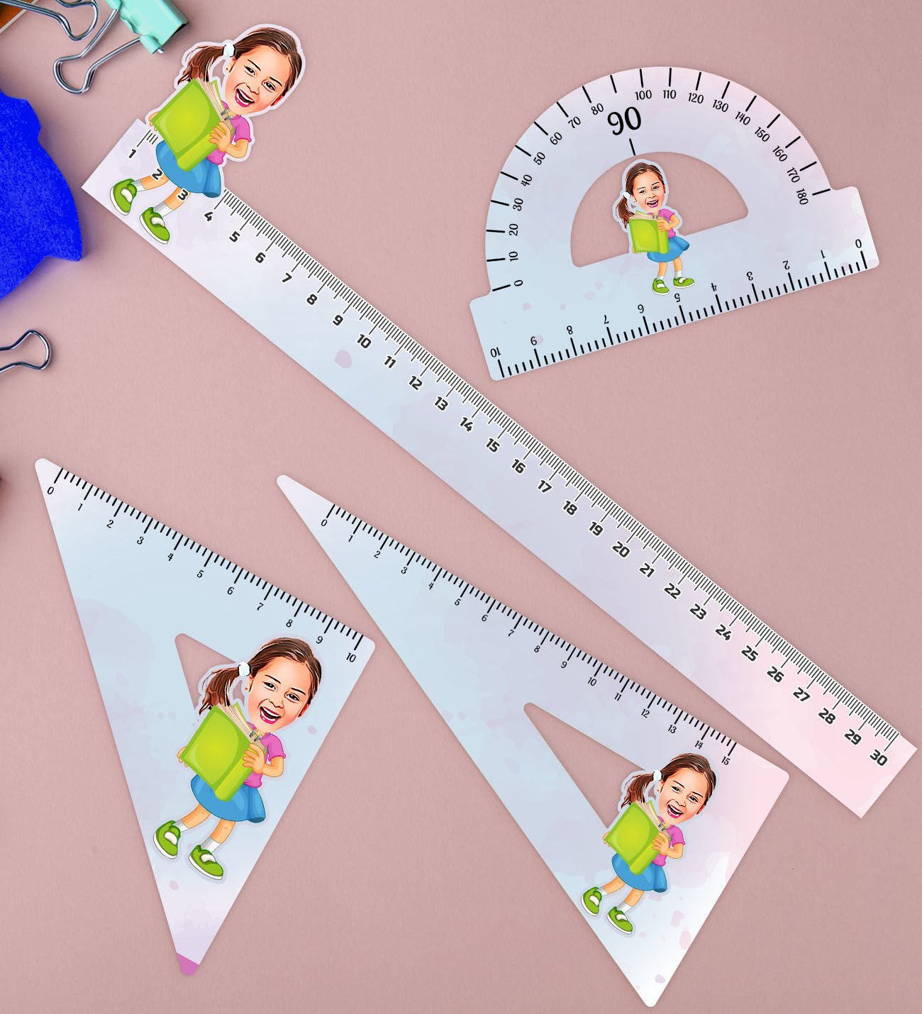 BK Gift Kişiye Özel Kız Öğrenci Karikatürlü 4’lü Pleksi Okul Cetvel Seti-1