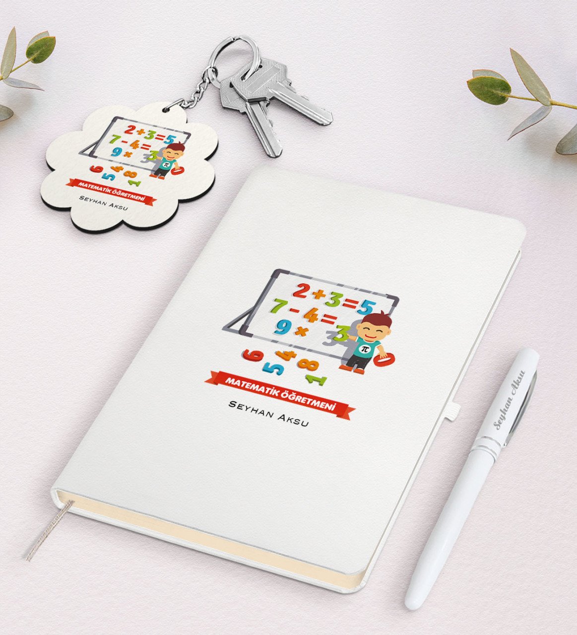 Kişiye Özel Matematik Öğretmeni Beyaz Defter Kalem ve Anahtarlık Hediye Seti-5