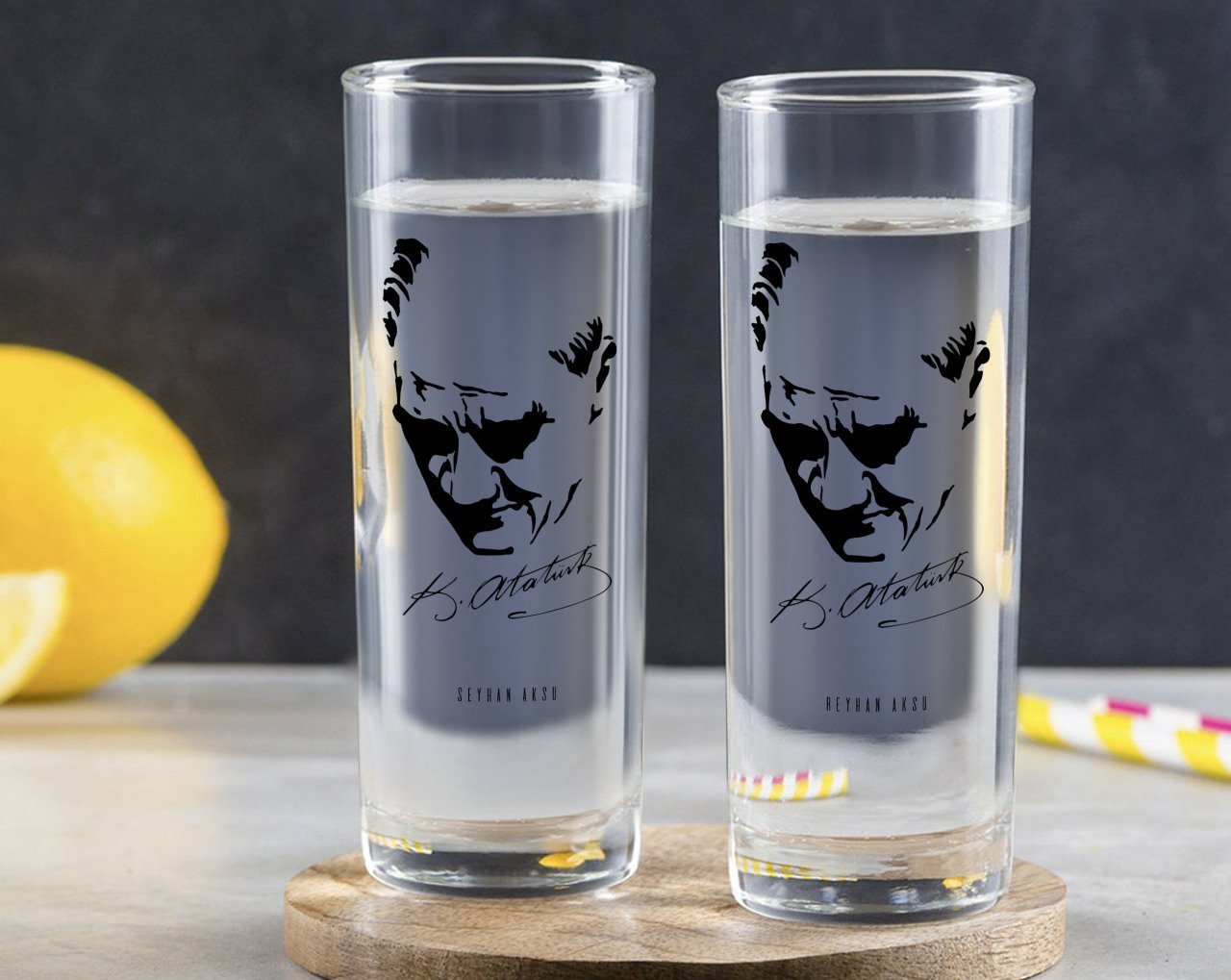 Kişiye Özel Renkli Baskılı Atatürk Temalı İkili Vodka Bardağı-25