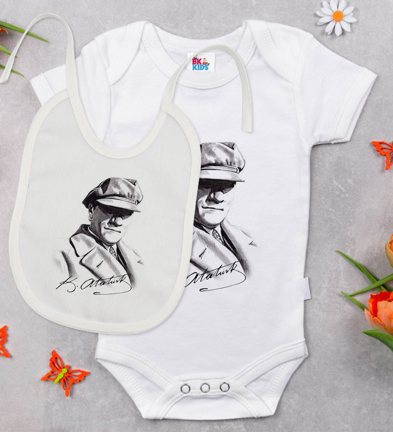 BK Kids Atatürk Temalı Beyaz Bebek Body Zıbın ve Mama Önlüğü Hediye Seti-17