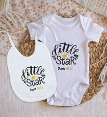 BK Kids Kişiye Özel Little Star Tasarımlı Bebek Body Zıbın ve Mama Önlüğü Hediye Seti - Model 1
