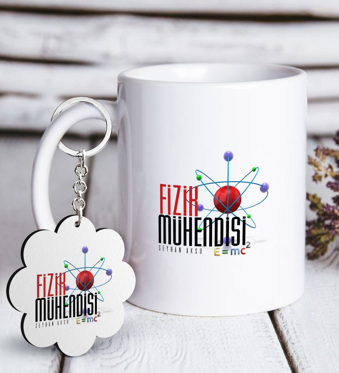 Kişiye Özel Mesleki Fizik Mühendisi Beyaz Kupa ve Anahtarlık Hediye Seti