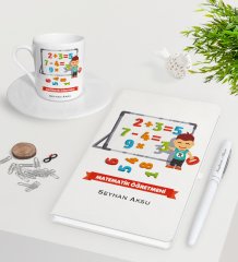 Kişiye Özel Matematik Öğretmeni Beyaz Defter Kalem Türk Kahvesi Fincanı Seti-5