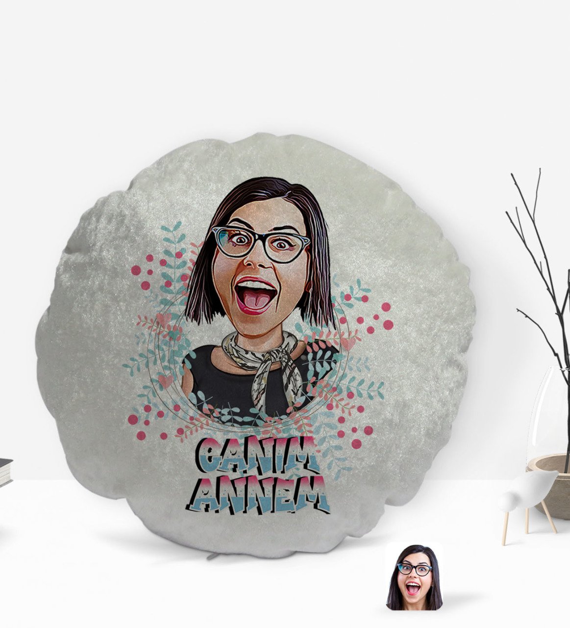 Kişiye Özel Canım Annem Karikatürlü Yuvarlak Dekoratif Kırlent Yastık-1