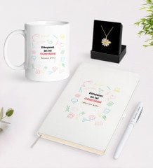 Kişiye Özel Dünyanın En İyi Öğretmeni Beyaz Kupa Defter Kalem ve İsimli Papatya Kolye Hediye Seti-14