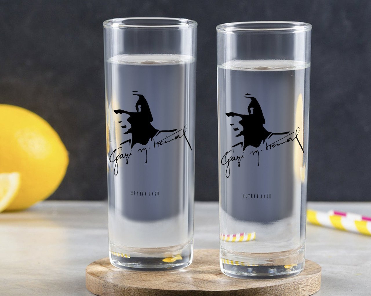Kişiye Özel Renkli Baskılı Atatürk Temalı İkili Vodka Bardağı-27