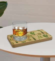Kişiye Özel Kaktüs Tasarımlı Doğal Ahşap Tabaklı Viski Bardağı Sunum Seti Model 2