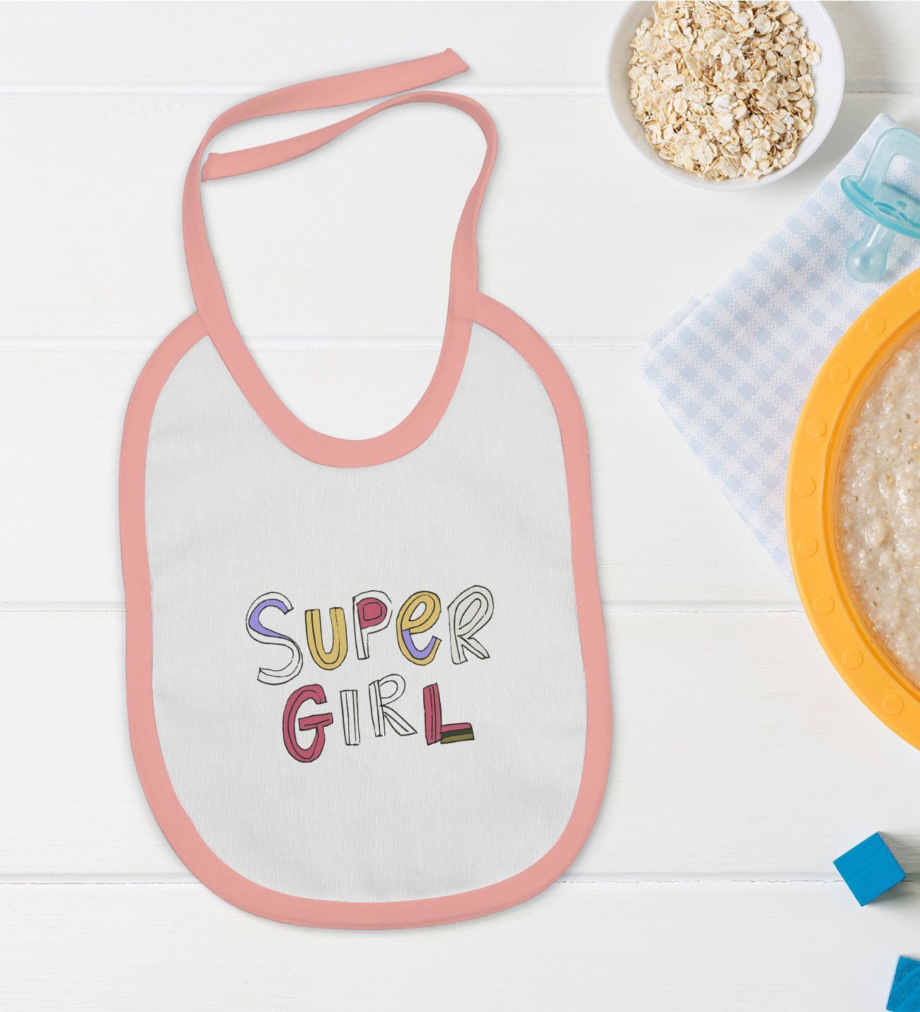 BK Kids Super Girl Tasarımlı Pembe Bebek Mama Önlüğü