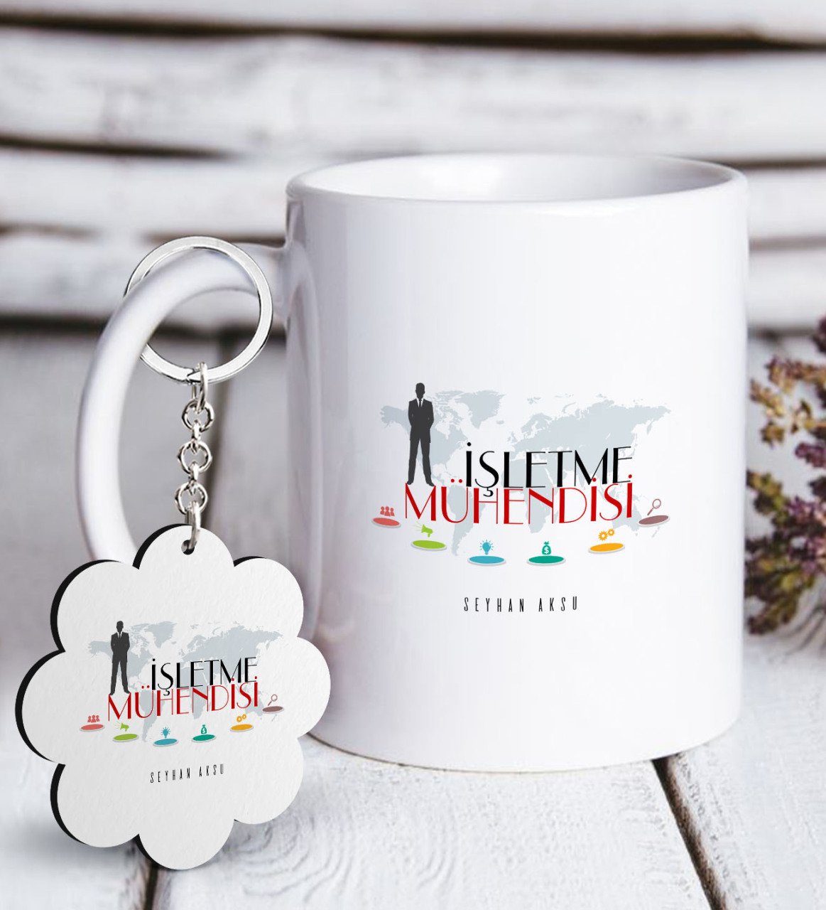 Kişiye Özel Mesleki İşletme Mühendisi Beyaz Kupa ve Anahtarlık Hediye Seti