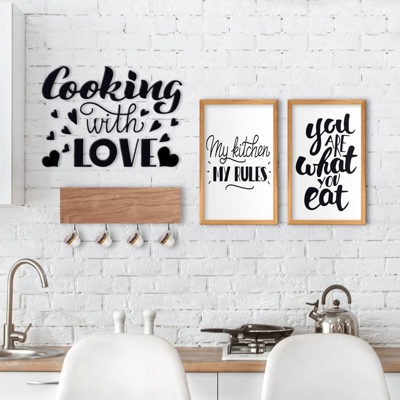 BK Home Doğal Ahşap Dekoratif Fincan Askılığı Mutfak Konseptli 2’li Ahşap Tablo ve Duvar Süsü-7