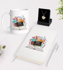 Kişiye Özel Dünyanın En İyi Öğretmeni Beyaz Kupa Defter Kalem ve İsimli Papatya Kolye Hediye Seti-16