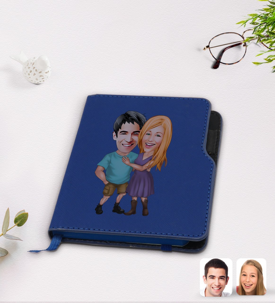 Kişiye Özel Sevgililer Karikatürlü Lacivert Termo Deri Defter-80