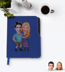 Kişiye Özel Sevgililer Karikatürlü Lacivert Termo Deri Defter-80