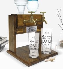 Kişiye Özel Renkli Baskılı Ne Demek Ben Rakı İçmem Tasarımlı İkili Rakı Bardağı ve Çift Musluklu Doğal Ahşap Rakı Standı-1