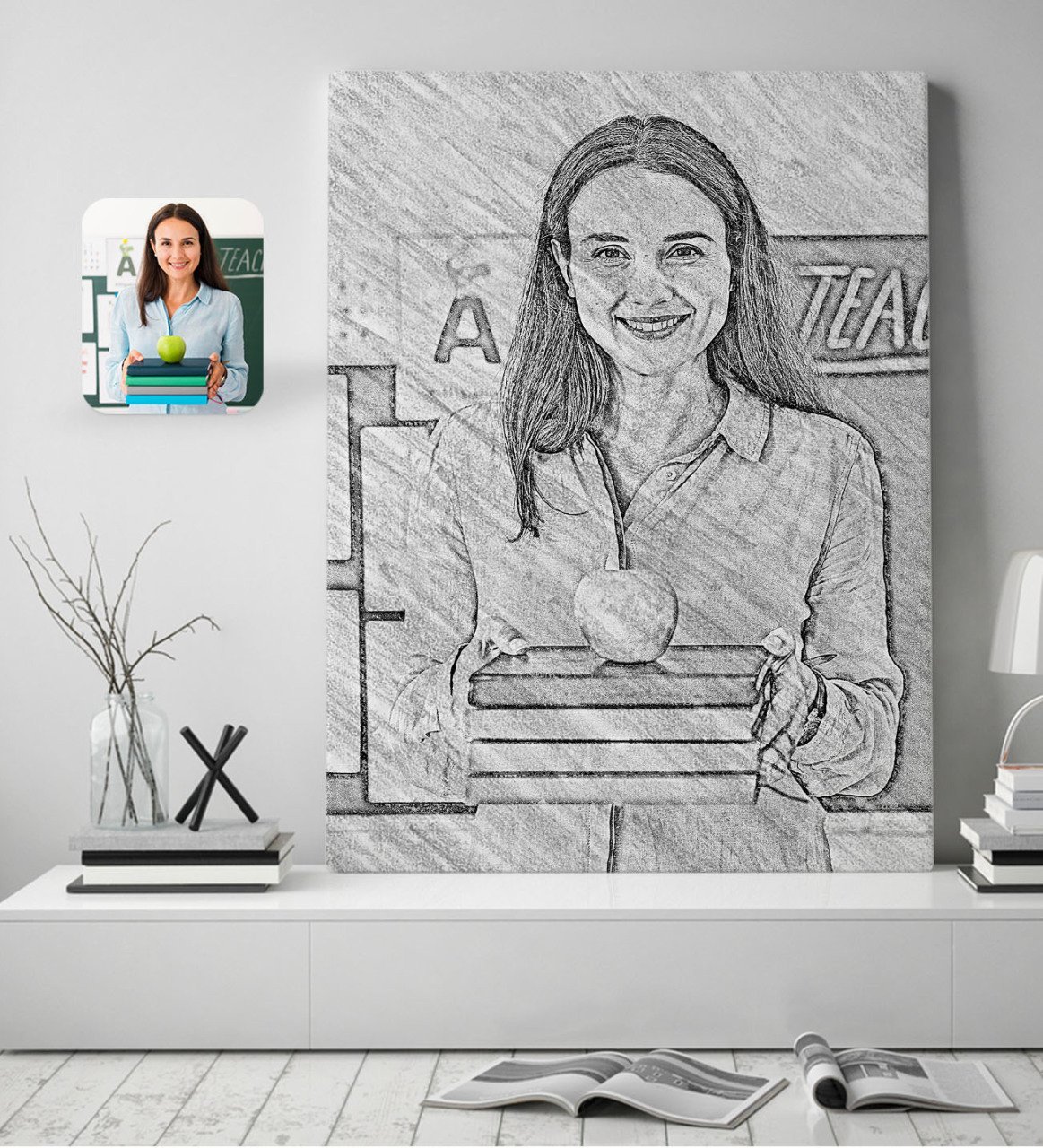 Kişiye Özel Kadın Öğretmen Karakalem Tasarımlı Kanvas Tablo 50x70cm-1
