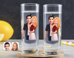 Kişiye Özel Renkli Baskılı Sevgililer Karikatürlü İkili Vodka Bardağı-90