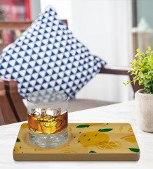 Kişiye Özel Limon Tasarımlı Doğal Ahşap Tabaklı Viski Bardağı Sunum Seti Model 1