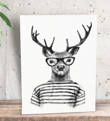 BK Gift Gözlüklü Geyik Tasarımlı Dekoratif Mini Kanvas Tablo 15x20cm-1