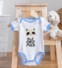BK Kids But First Milk Tasarımlı Mavi Bebek Body Zıbın ve Mama Önlüğü Hediye Seti-1