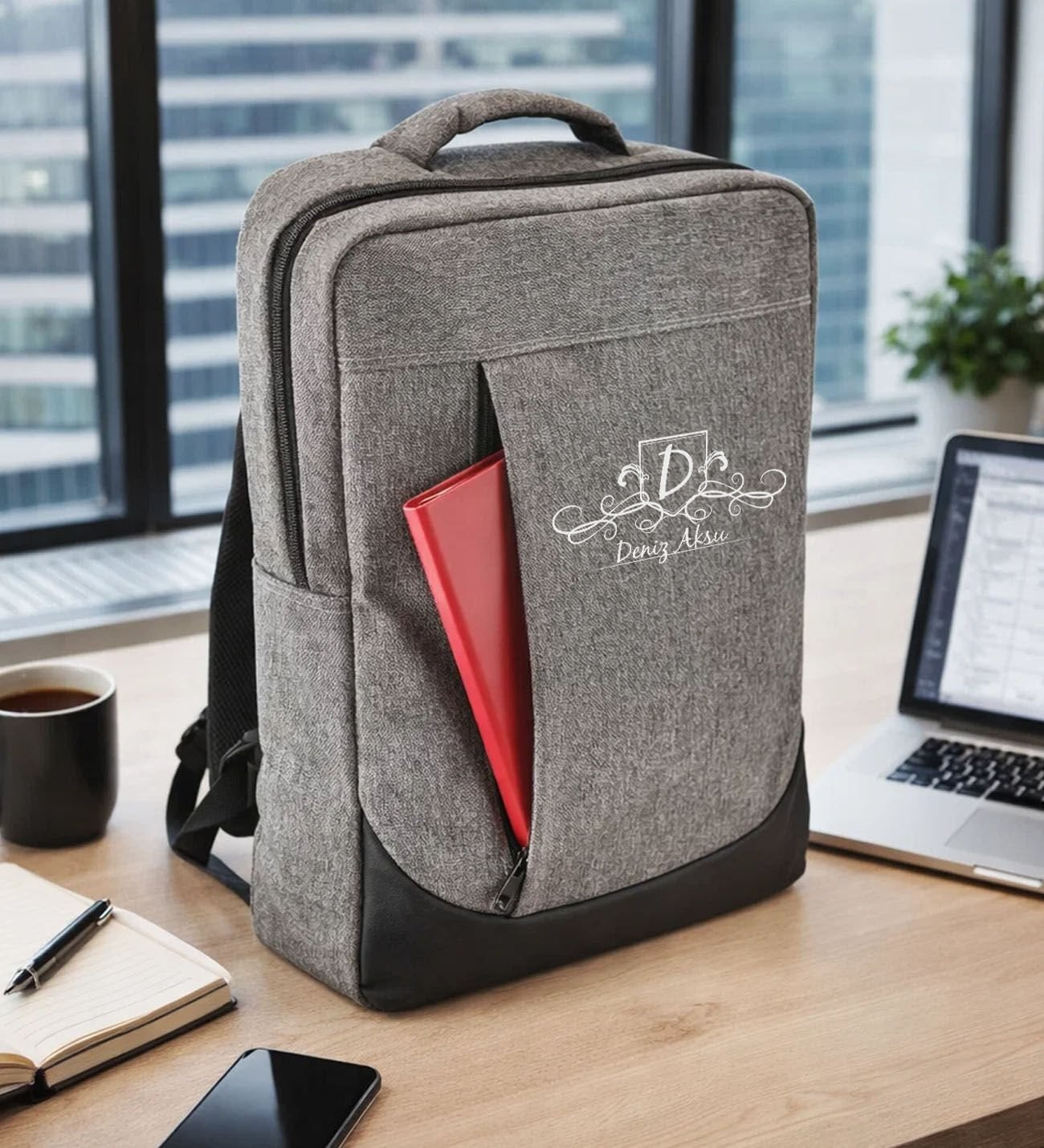 BK Gift Kişiye Özel İsimli Gri Sırt Çantası AB001 -4, Notebook ve Laptop Uyumlu Şık Sırt Çantası