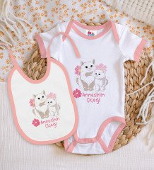 BK Kids Annesinin Çiçeği Tasarımlı Pembe Bebek Body Zıbın ve Mama Önlüğü Hediye Seti-1