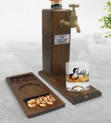 Kişiye Özel Harfli Viski Bardağı & Musluklu Doğal Ahşap İçki Standı & Masif Ahşap Dikdörtgen Sunum Tabağı Çerezlik Hediye Seti-3