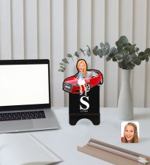 Kişiye Özel Plakalı Kadın Audi A3 Karikatürlü Ahşap Biblo Telefon Standı-1