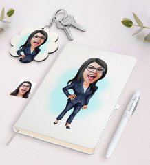 Kişiye Özel Kadın Patron Karikatürlü Beyaz Defter Kalem ve Anahtarlık Hediye Seti-1