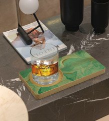 Kişiye Özel Mermer Tasarımlı Doğal Ahşap Tabaklı Viski Bardağı Sunum Seti Model 1