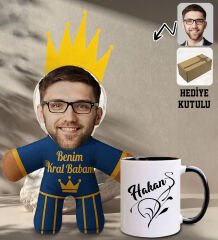 BK Gift Kişiye Özel Fotoğraflı Kral Babam Tasarımlı Bebek Yastık-2 & Siyah Kupa Bardak Hediye Seti-2, Babalar Günü Hediye, Babaya Hediye