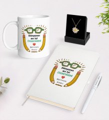 Kişiye Özel Dünyanın En İyi Öğretmeni Beyaz Kupa Defter Kalem ve İsimli Papatya Kolye Hediye Seti-22