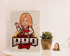 Kişiye Özel Kadın Barbekü Chef Karikatürlü Otantik Masaüstü Ahşap Palet Çerçeve-1