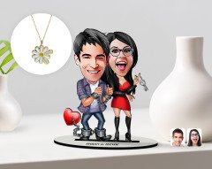 Kişiye Özel Sevgililer Karikatürlü 3D Ahşap Biblo ve Çift İsimli Papatya Kolye Seti-1