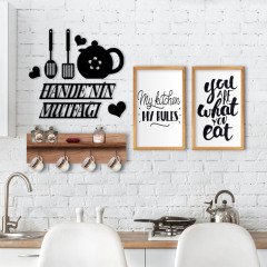 BK Home Doğal Ahşap Raflı Dekoratif Fincan Askılığı Mutfak Konseptli 2’li Ahşap Tablo ve İsme Özel Duvar Süsü-3