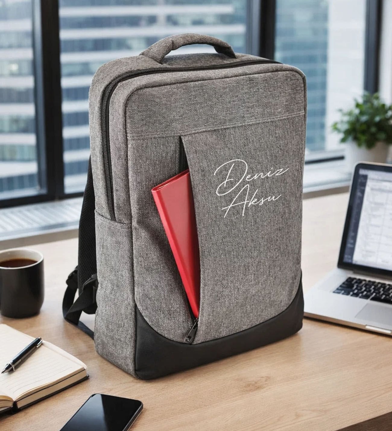 BK Gift Kişiye Özel İsimli Gri Sırt Çantası AB001 -7, Notebook ve Laptop Uyumlu Şık Sırt Çantası