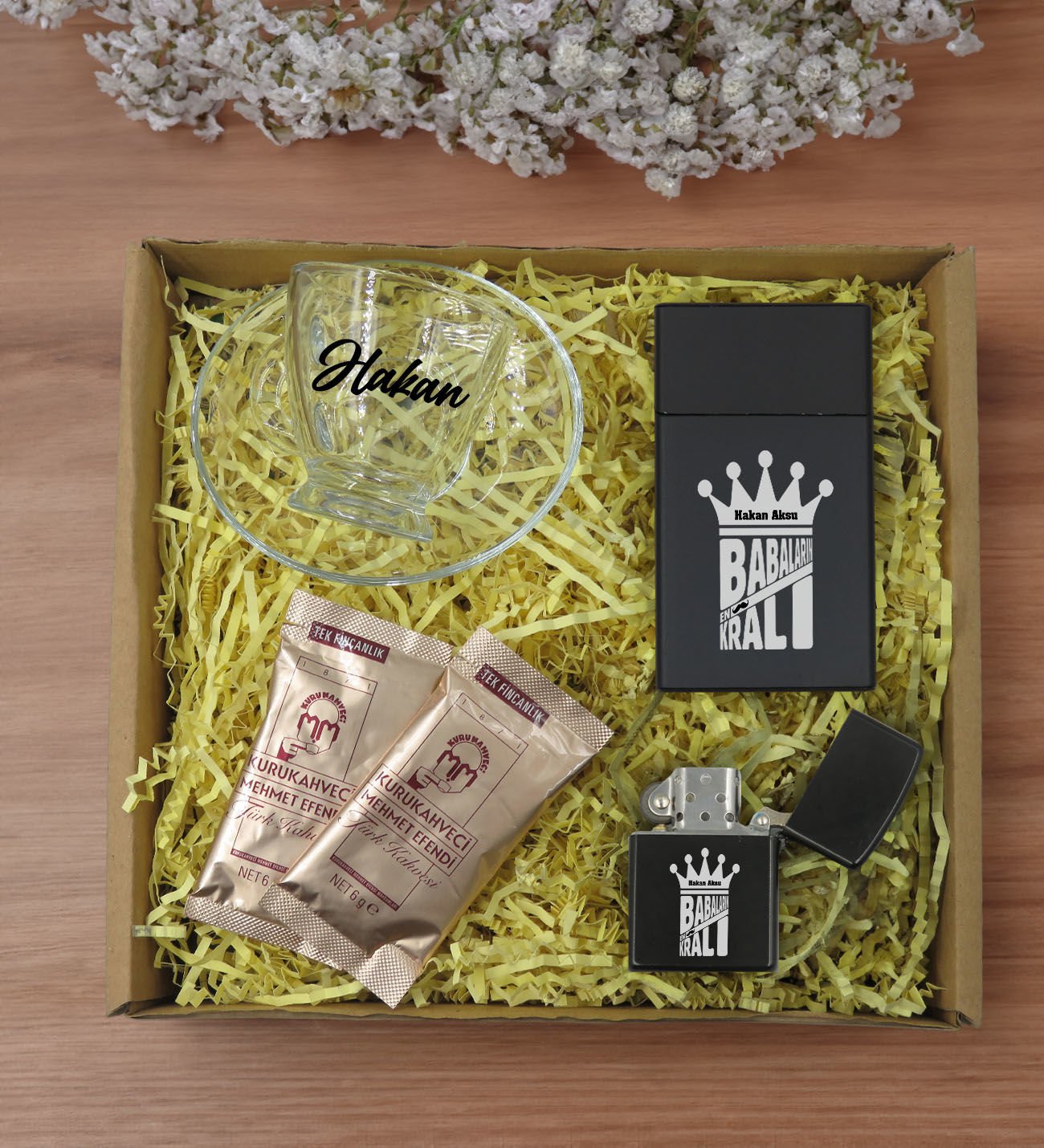 BK Gift Kişiye Özel İsimli DTF Baba Temalı Cam Kahve Fincanı & Türk Kahvesi & Sigara Kutusu & Çakmak Hediye Seti-3, Babaya Hediye, Babalar Günü Hediyeleri