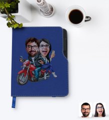 Kişiye Özel Sevgililer Karikatürlü Lacivert Termo Deri Defter-97