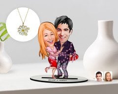 Kişiye Özel Sevgililer Karikatürlü 3D Ahşap Biblo ve Çift İsimli Papatya Kolye Seti-2
