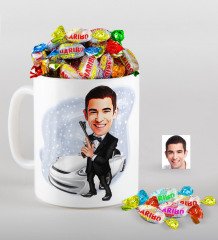 Kişiye Özel Bay Ajan Karikatürlü Kupa ve Haribo Fruitbons Şeker Hediye Seti