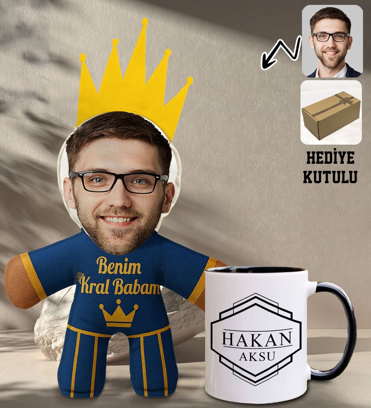 BK Gift Kişiye Özel Fotoğraflı Kral Babam Tasarımlı Bebek Yastık-2 & Siyah Kupa Bardak Hediye Seti-5, Babalar Günü Hediye, Babaya Hediye