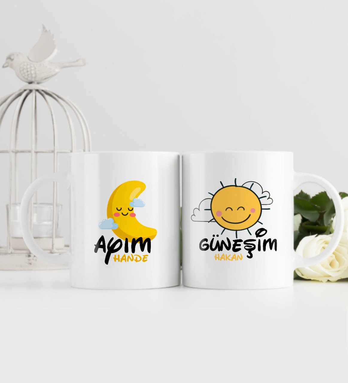 Kişiye Özel Güneşim ve Ayım Tasarımlı İkili Beyaz Kupa Bardak-3