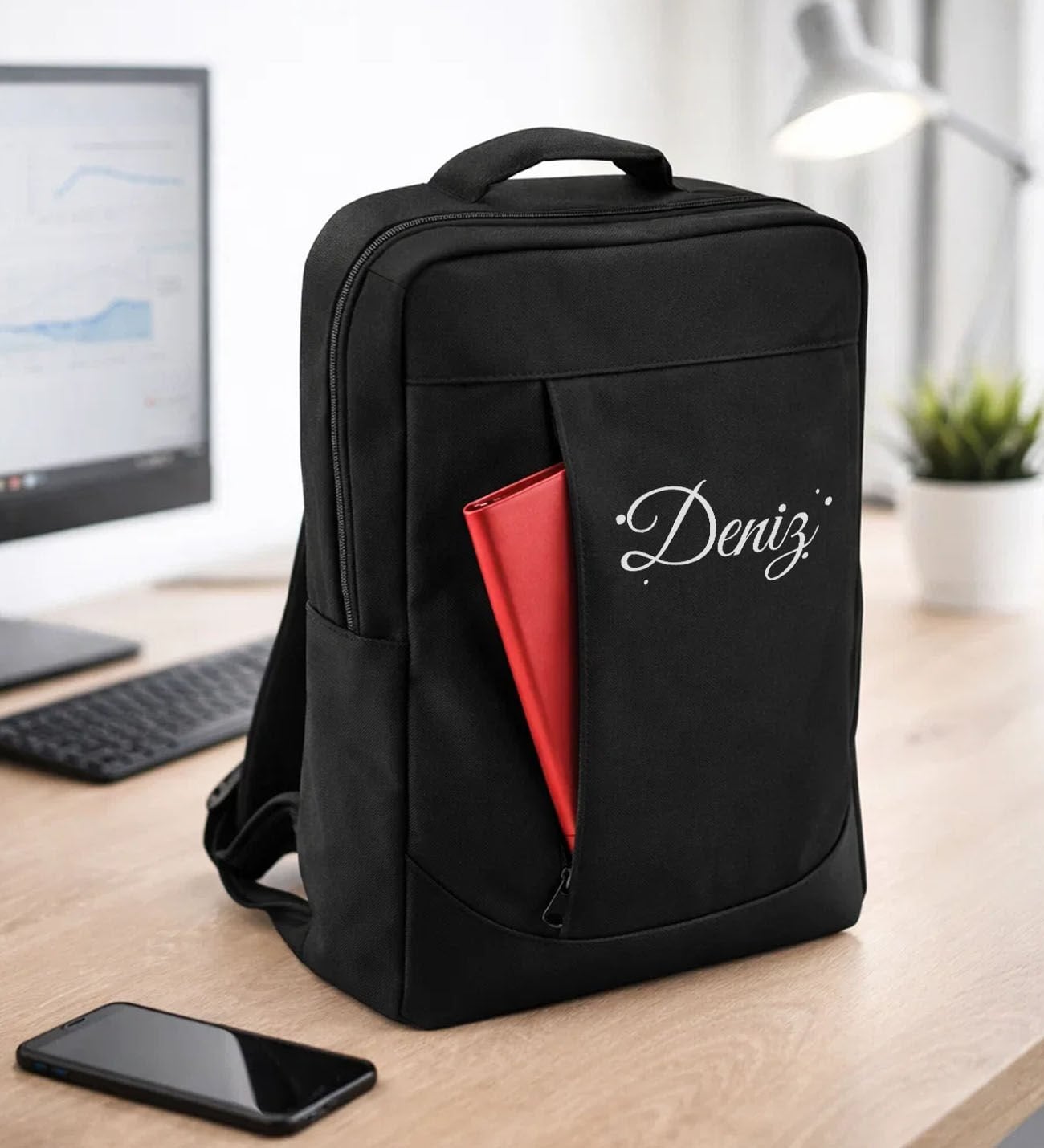 BK Gift Kişiye Özel İsimli Siyah Sırt Çantası AB001 -1, Notebook ve Laptop Uyumlu Şık Sırt Çantası