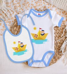 BK Kids Sevimli Kaptan Tasarımlı Mavi Bebek Body Zıbın ve Mama Önlüğü Hediye Seti-1