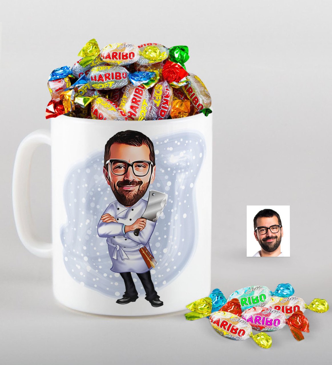 Kişiye Özel Bay Chef Karikatürlü Kupa ve Haribo Fruitbons Şeker Hediye Seti-3