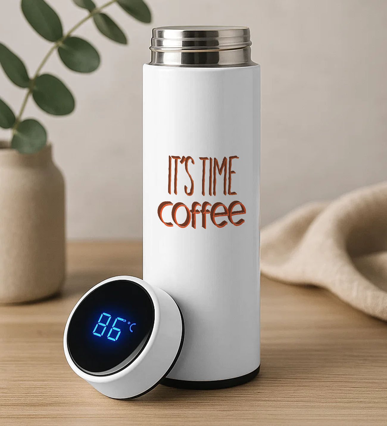 BK Gift Coffee Tasarımlı Filtreli Dijital Göstergeli Beyaz Çelik Termos-1, Arkadaşa Hediye, Sevgiliye Hediye, Yeni İş Hediyesi