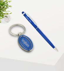 Kişiye Özel Lacivert Touchpen Tükenmez Kalem ve Metal Anahtarlık Hediye Seti