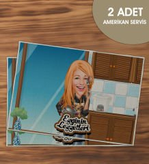 BK Gift Kişiye Özel Karikatürlü 2’li Keten Amerikan Servis Seti-1, Ev Hediyesi,Baskılı Servis Bezi, Mutfak Dekoru