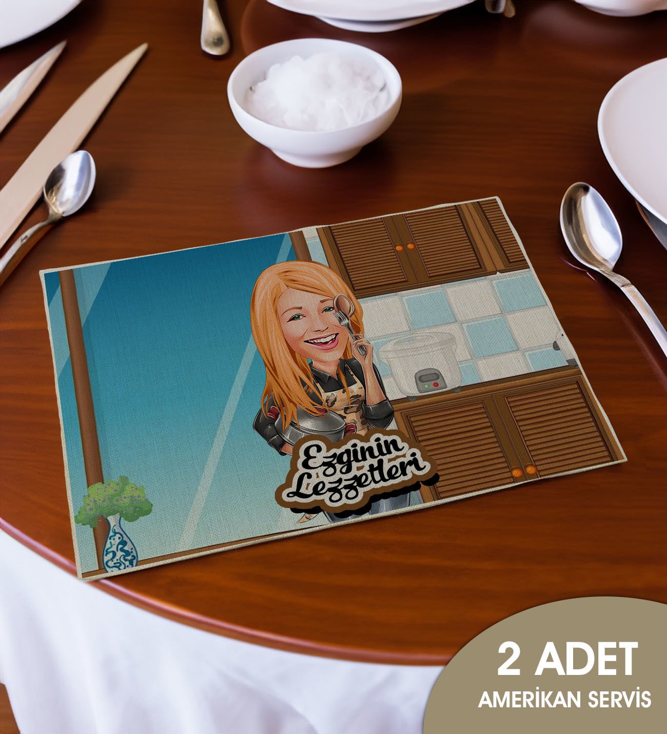 BK Gift Kişiye Özel Karikatürlü 2’li Keten Amerikan Servis Seti-1, Ev Hediyesi,Baskılı Servis Bezi, Mutfak Dekoru