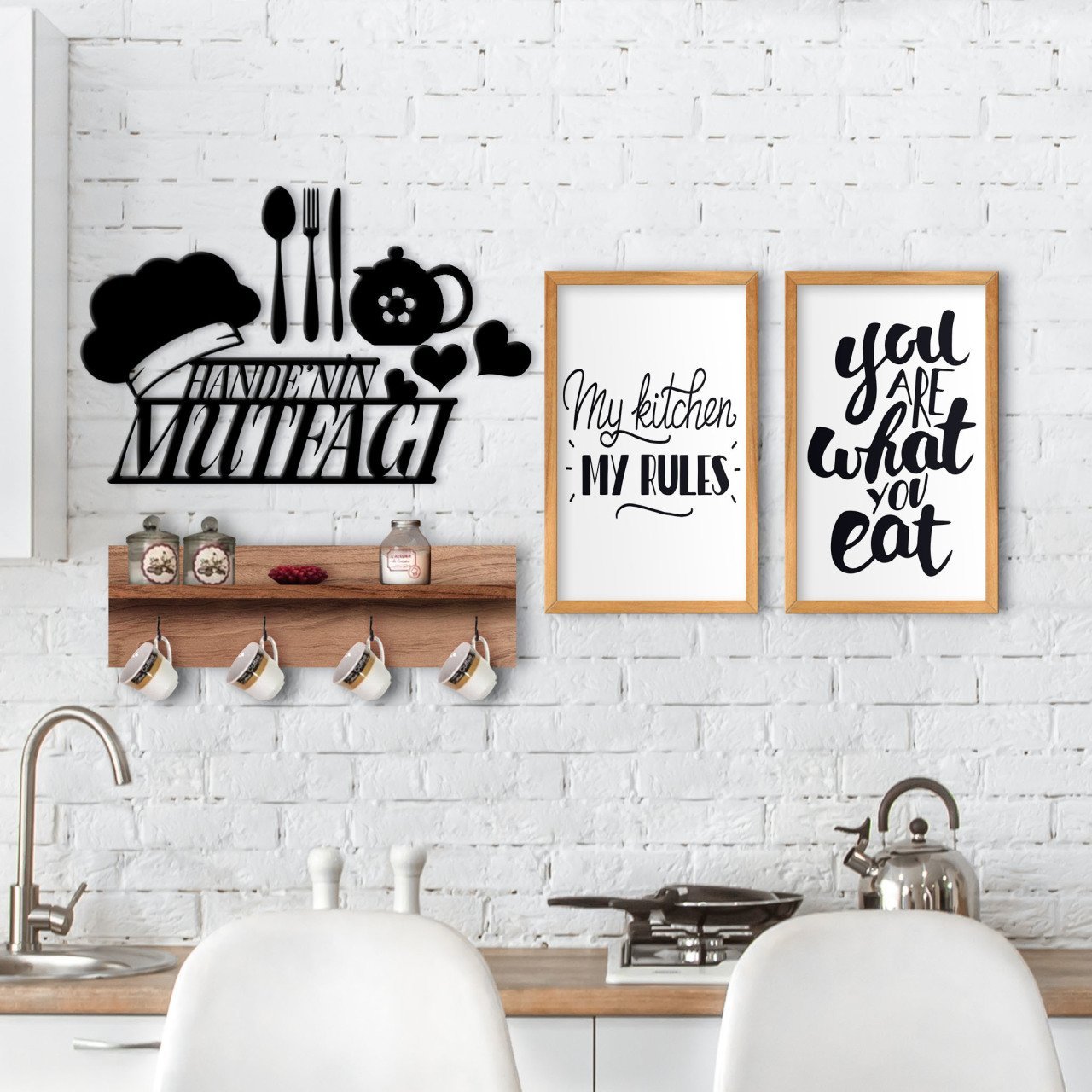 BK Home Doğal Ahşap Raflı Dekoratif Fincan Askılığı Mutfak Konseptli 2’li Ahşap Tablo ve İsme Özel Duvar Süsü-8